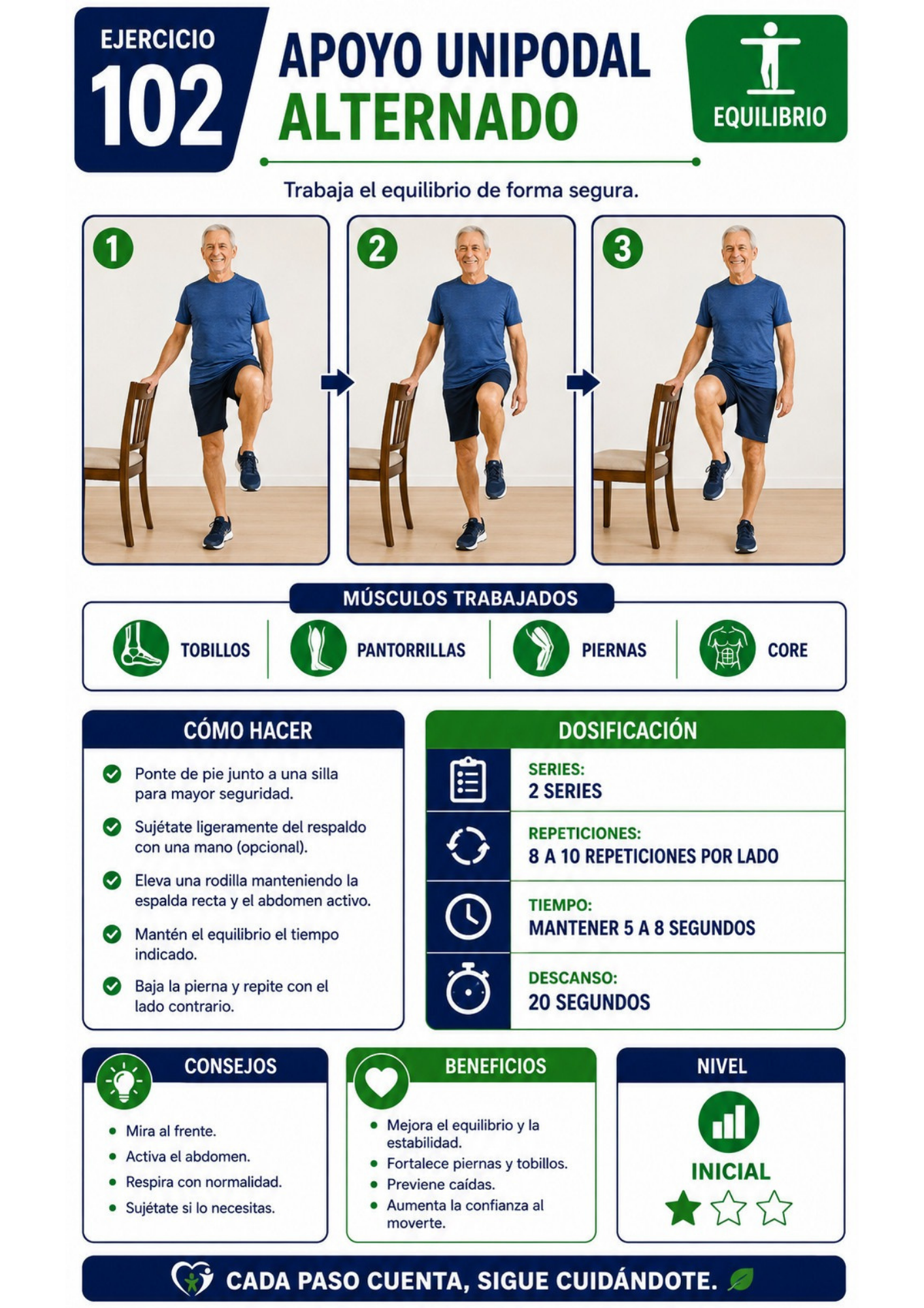 Ejercicio de equilibrio unipodal alternado con instrucciones paso a paso